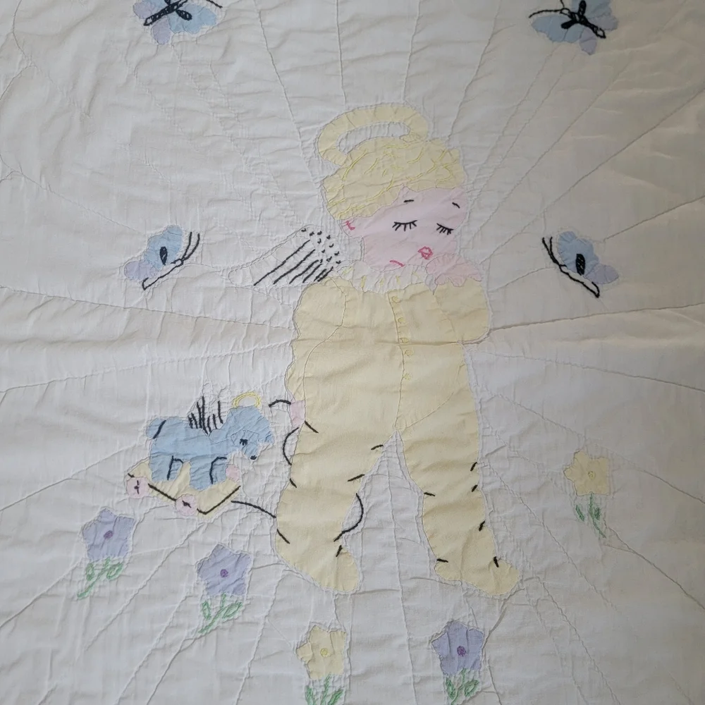 Vintage Handmade Hand Quilted Baby Quilt Blanket Embroidery Nursery 37”x49”